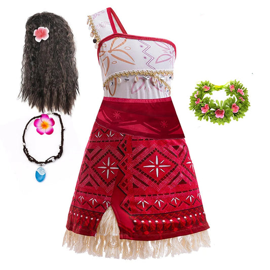 Moana costume with red skirt, white top, and accessories on a white background