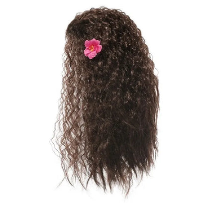Brown hairpiece with a pink flower on a white background
