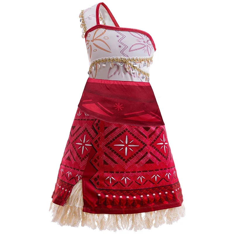 Red and white dress with intricate patterns on a white background