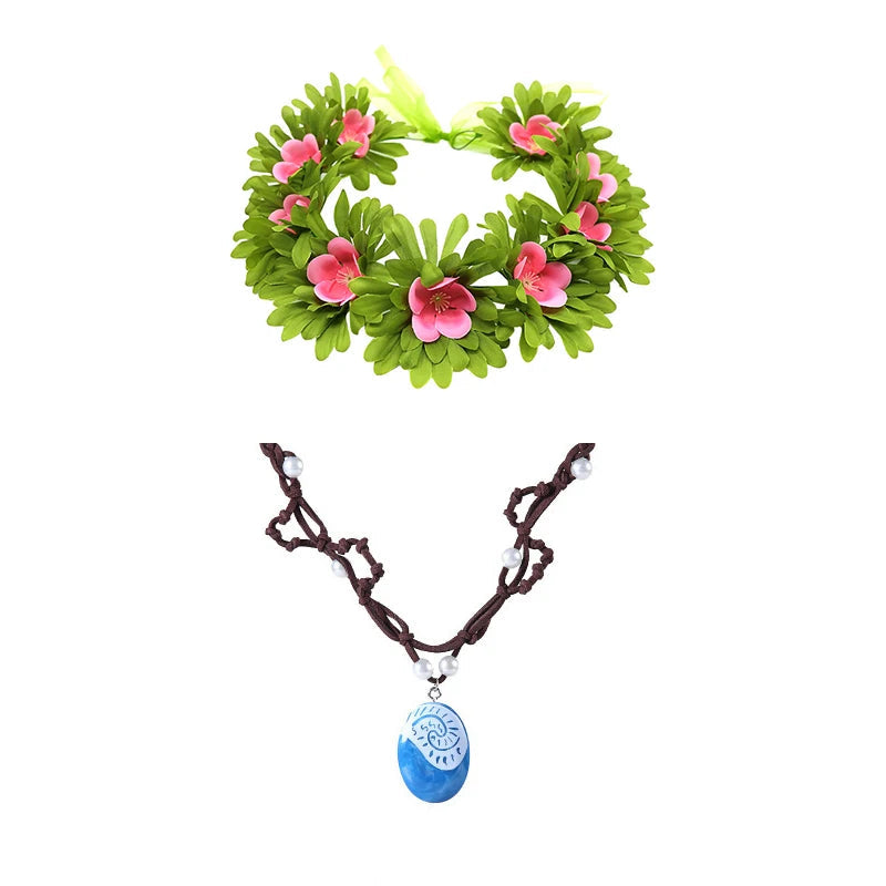 Heart-shaped wreath with pink flowers and a necklace with a blue pendant on a white background