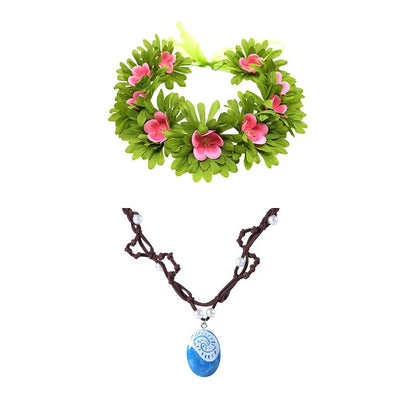 Heart-shaped wreath with pink flowers and a necklace with a blue pendant on a white background