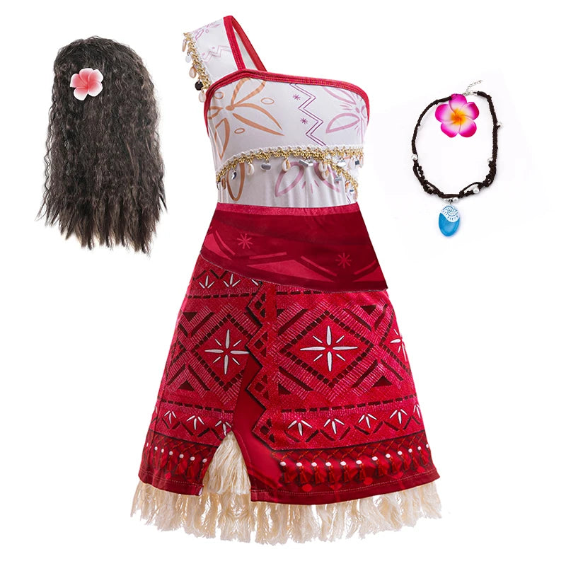 Red and white dress with floral hair accessory and necklace on a white background