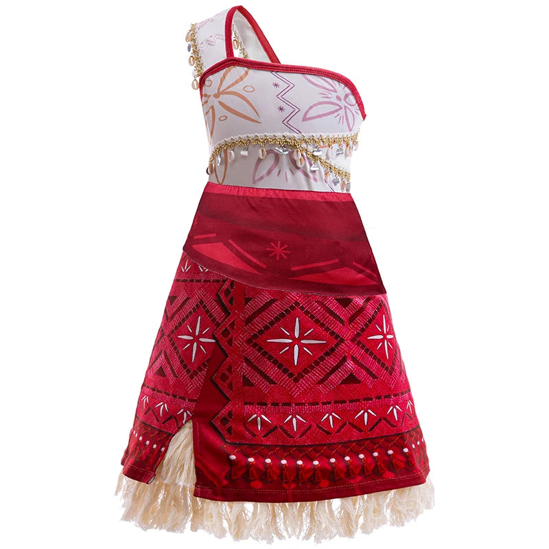 Red and white dress with intricate patterns on a white background