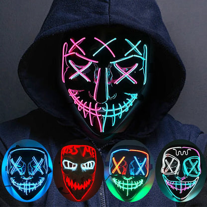 Luminous mask with colorful LED lights worn by a person in a dark hoodie.