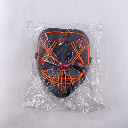 Black mask with orange accents in clear plastic packaging on a white background