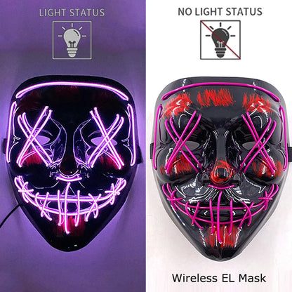 Wireless EL mask with light status indicators on a purple and white background.