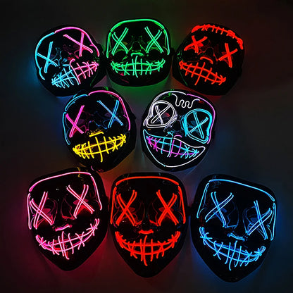 Set of LED masks glowing in various colors on a dark background