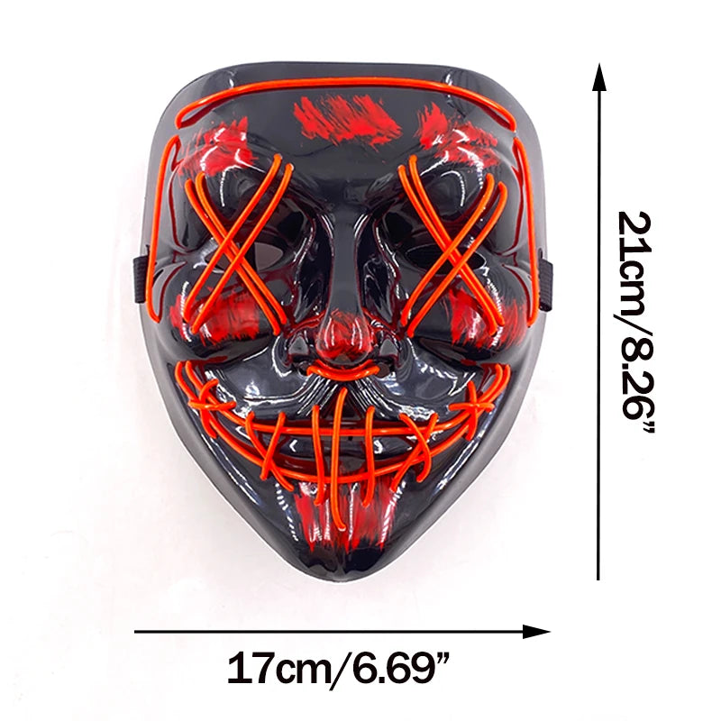 Black mask with red EL wire, dimensions indicated on a white background