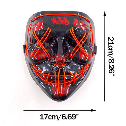 Black mask with red EL wire, dimensions indicated on a white background