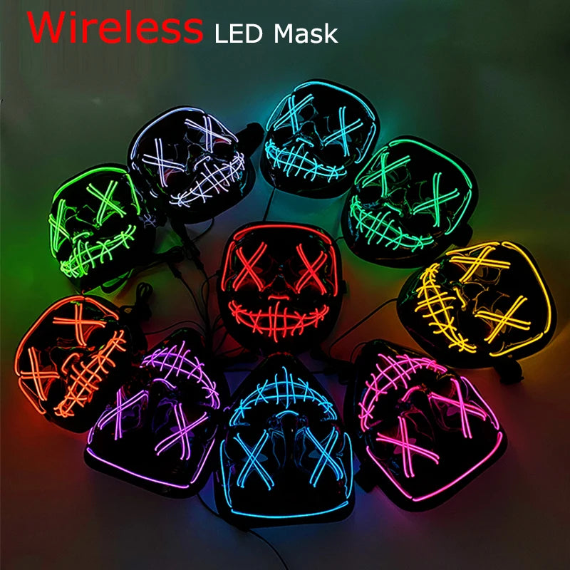 Wireless LED masks in various colors on a dark background