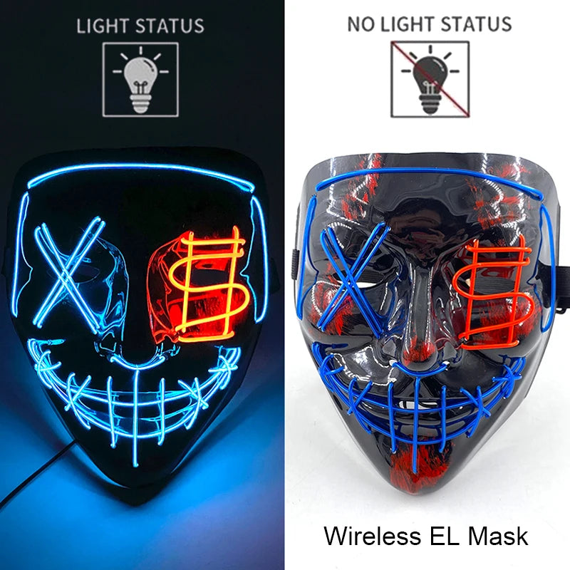Wireless EL mask with light status indicators on a black and white background