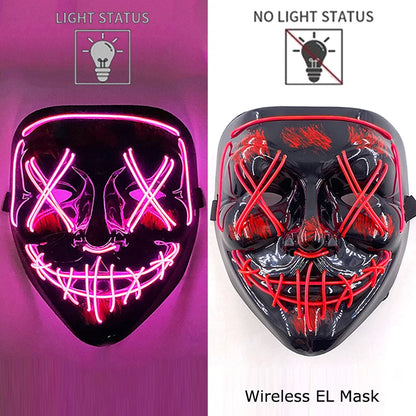 Wireless EL mask with light status indicators on a purple and white background.