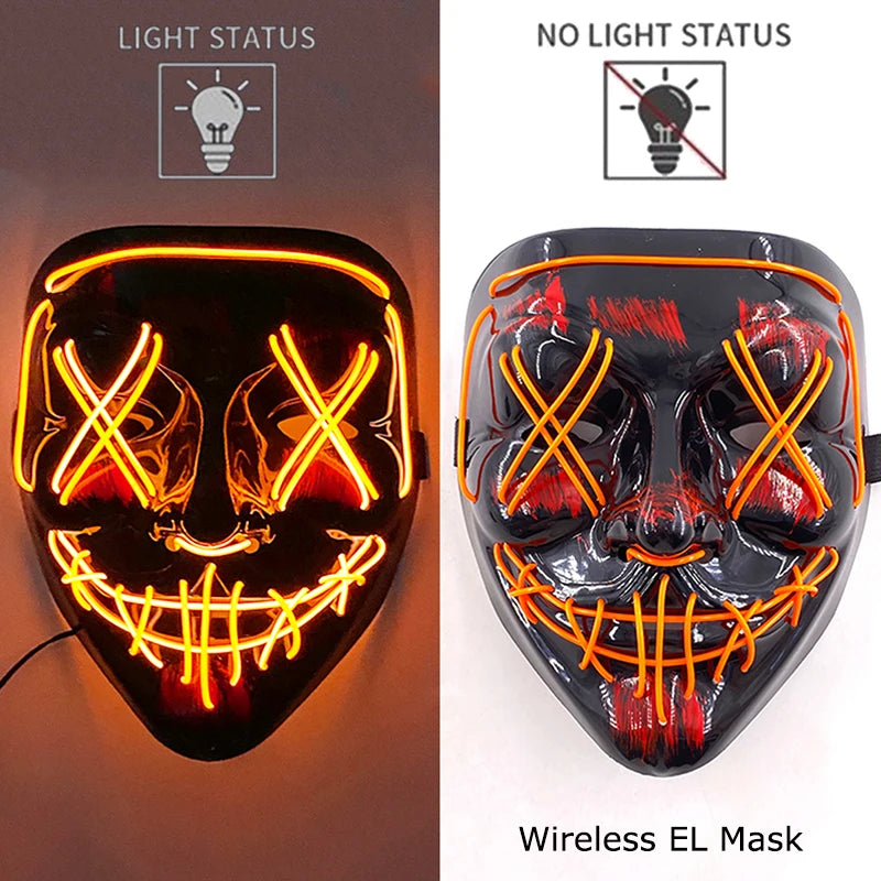 Wireless EL mask with light status indicators on a dark and white background.