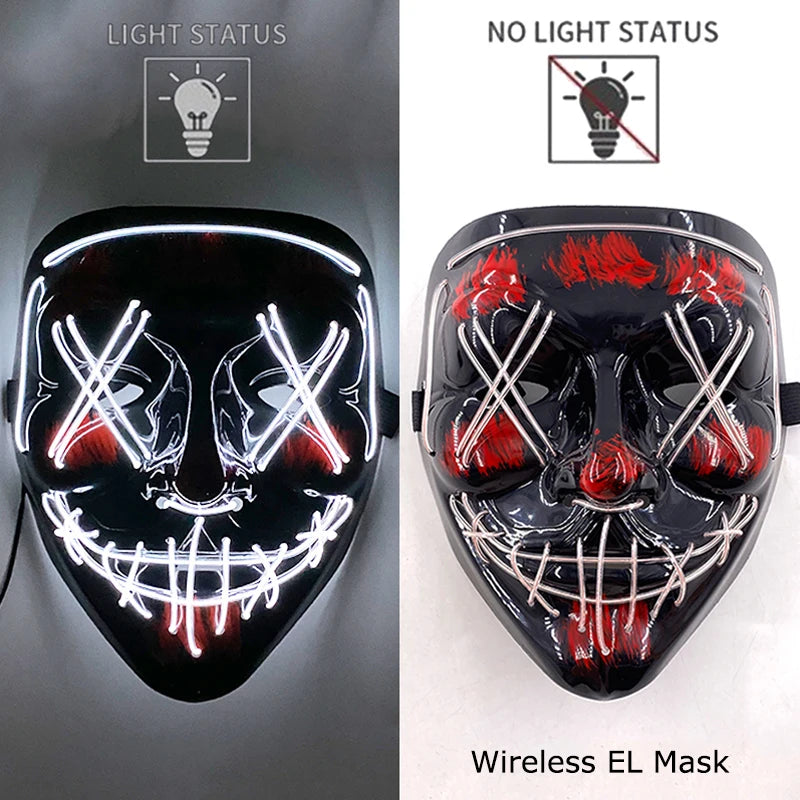Wireless EL mask with light status indicators on a gray and white background