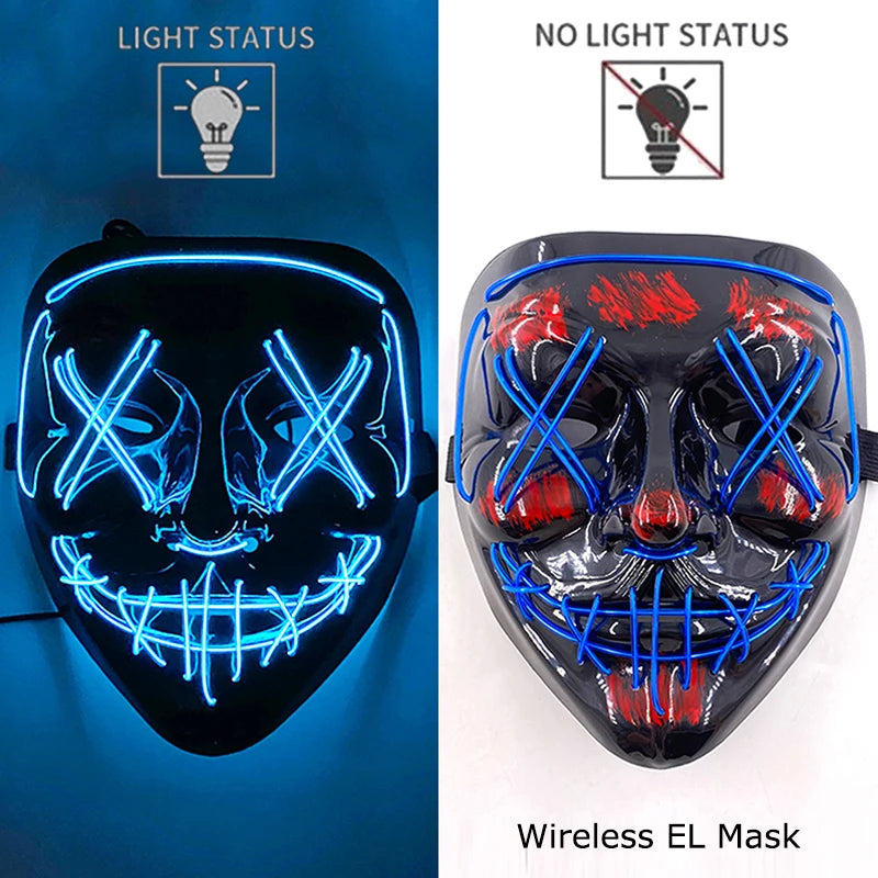 Wireless EL mask with light status indicators on a blue and white background.