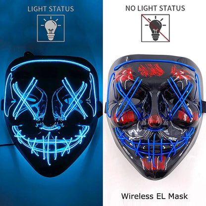 Wireless EL mask with light status indicators on a blue and white background.