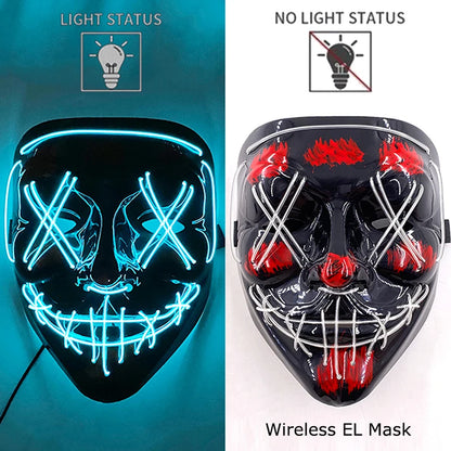 Wireless EL mask with light status indicators on a blue and white background.