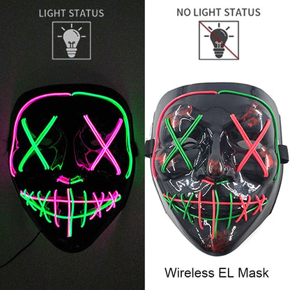 Wireless EL mask with light status indicators on a black and white background