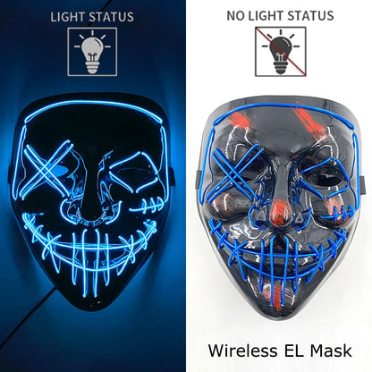 Wireless EL mask with light status indicators on a blue and white background