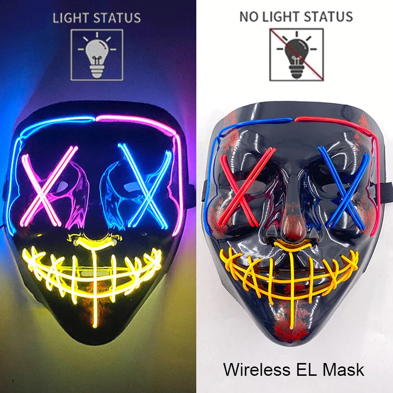 Wireless EL mask showing light status with illuminated and non-illuminated states.