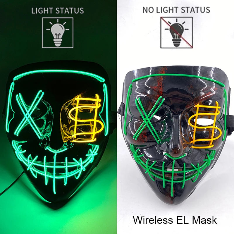 Wireless EL mask with light status indicators on a green and white background.