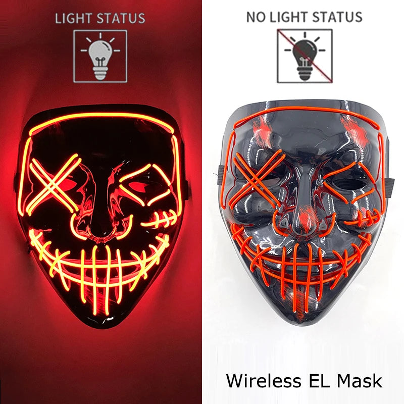 Wireless EL mask with light status indicators on a red and white background.