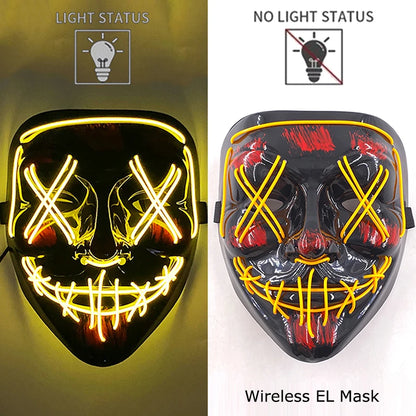 Wireless EL mask showing light and no light status with icons above each.