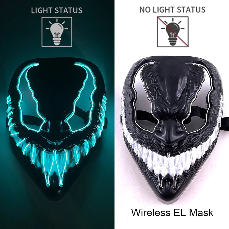 Wireless EL mask with light status indicators on a dark and light background.