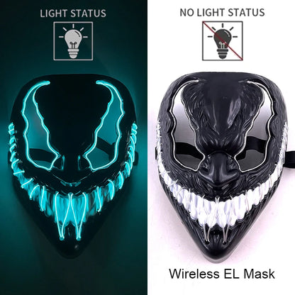 Wireless EL mask with light status indicators on a dark and light background.