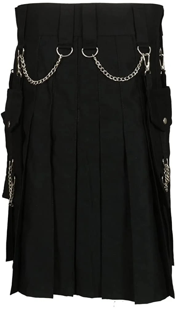 Black kilt with silver chain details on a plain background