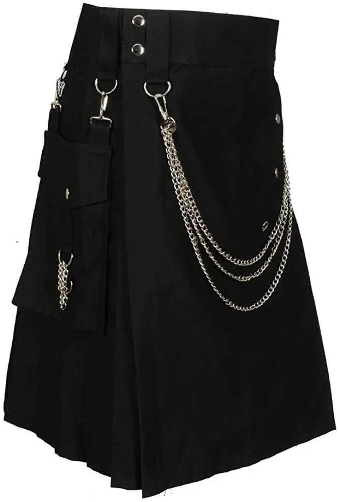 Black kilt with silver chains and hardware on a white background
