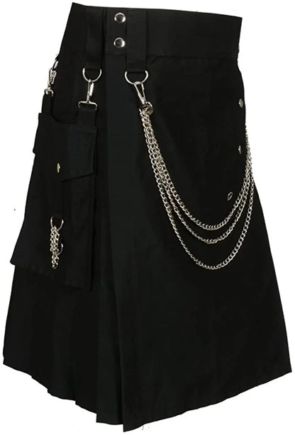 Black kilt with silver chains and hardware on a white background