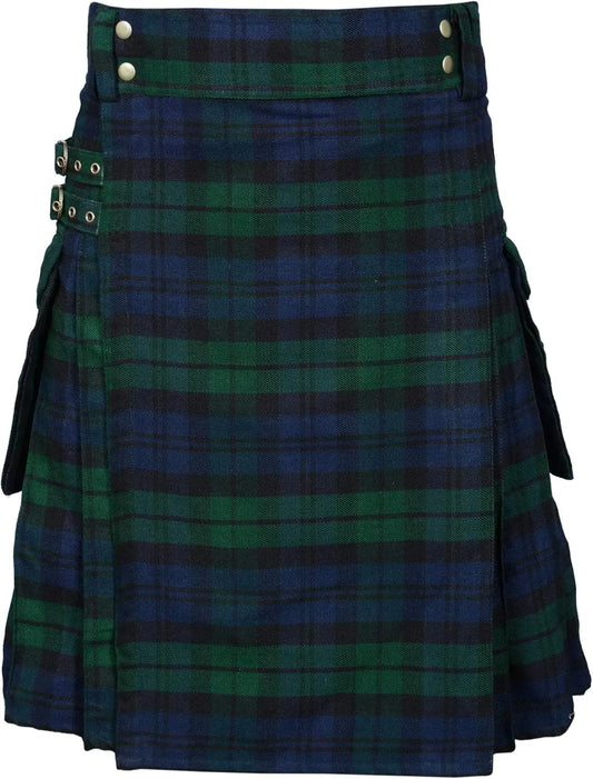 Blue and green plaid kilt on a white background
