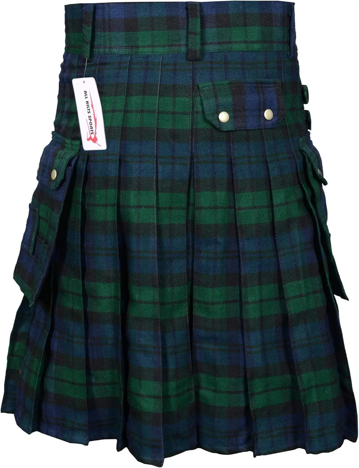 Green and blue plaid kilt with a visible brand tag on a white background