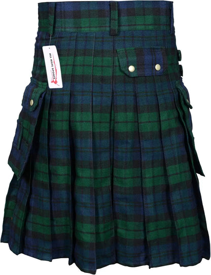 Green and blue plaid kilt with a visible brand tag on a white background