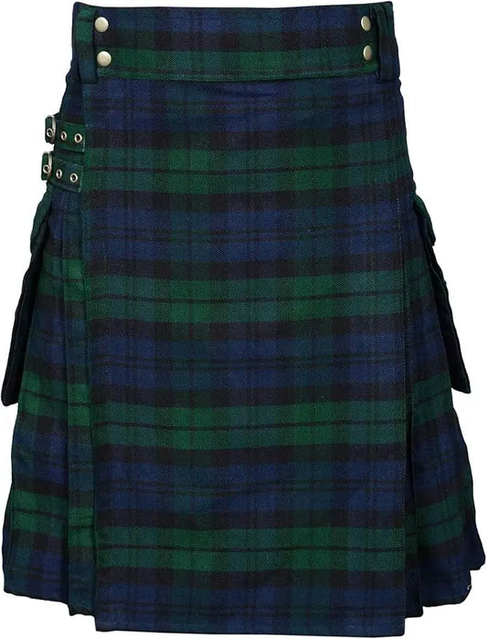 Blue and green plaid kilt with metal buttons and straps on a white background