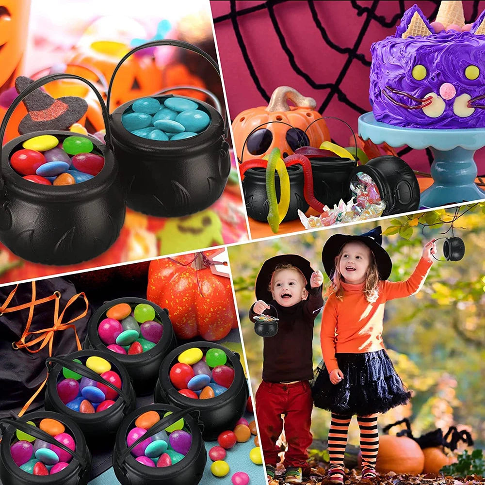 Collage of Halloween-themed items including candy buckets, a cake, and children in costumes.