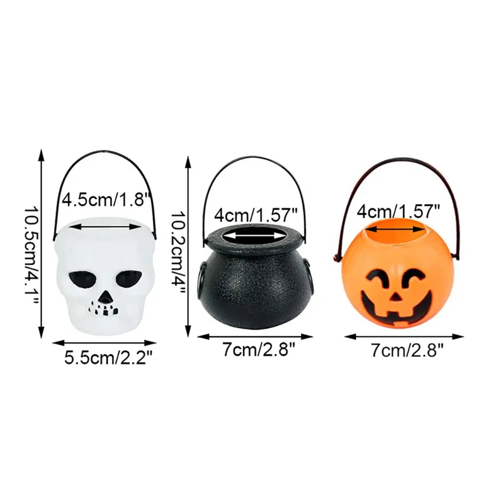 Halloween-themed candy buckets with measurements on a white background