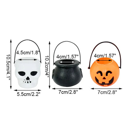 Halloween-themed candy buckets with measurements on a white background