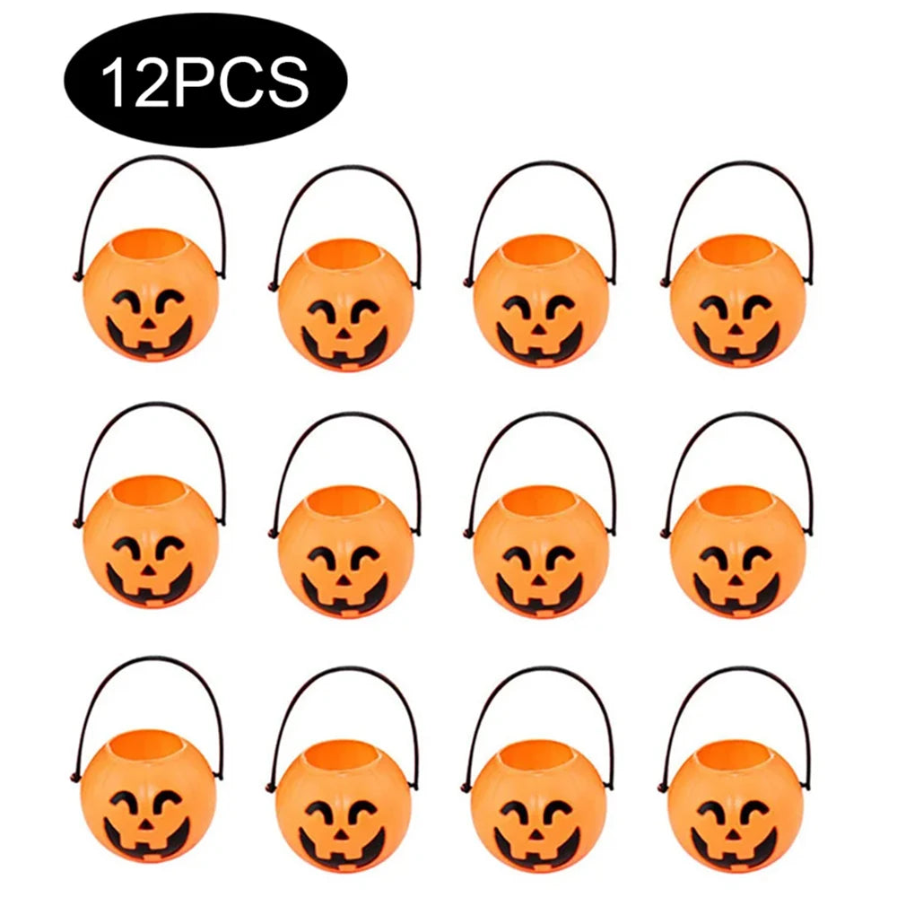 12 Halloween pumpkin buckets with face designs on a white background
