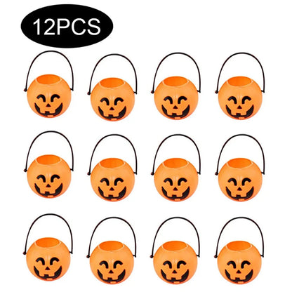 12 Halloween pumpkin buckets with face designs on a white background