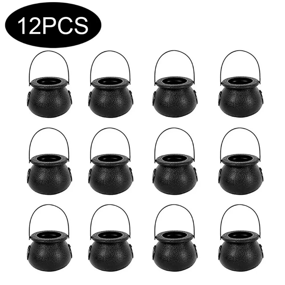 12 black cauldron-shaped containers with handles on a white background