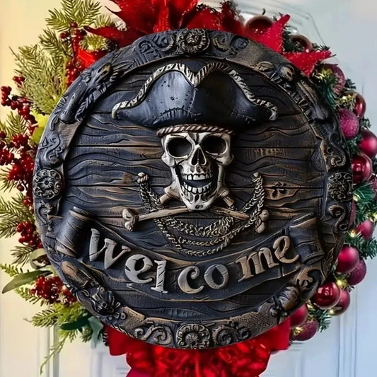 Decorative wreath with pirate-themed 'Welcome' sign surrounded by red and green foliage.