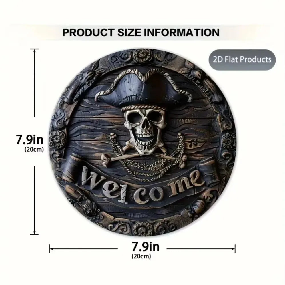 Decorative wall art with skull design and 'Welcome Me' text, featuring dimensions on a white background.