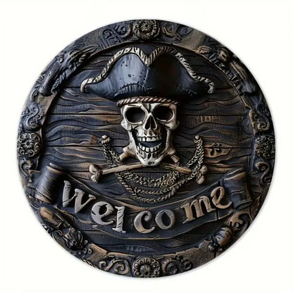 Decorative wall plaque with skull and crossbones design and 'Welcome' text on a white background