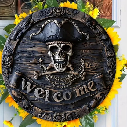 Decorative welcome sign with pirate skull design on a floral background
