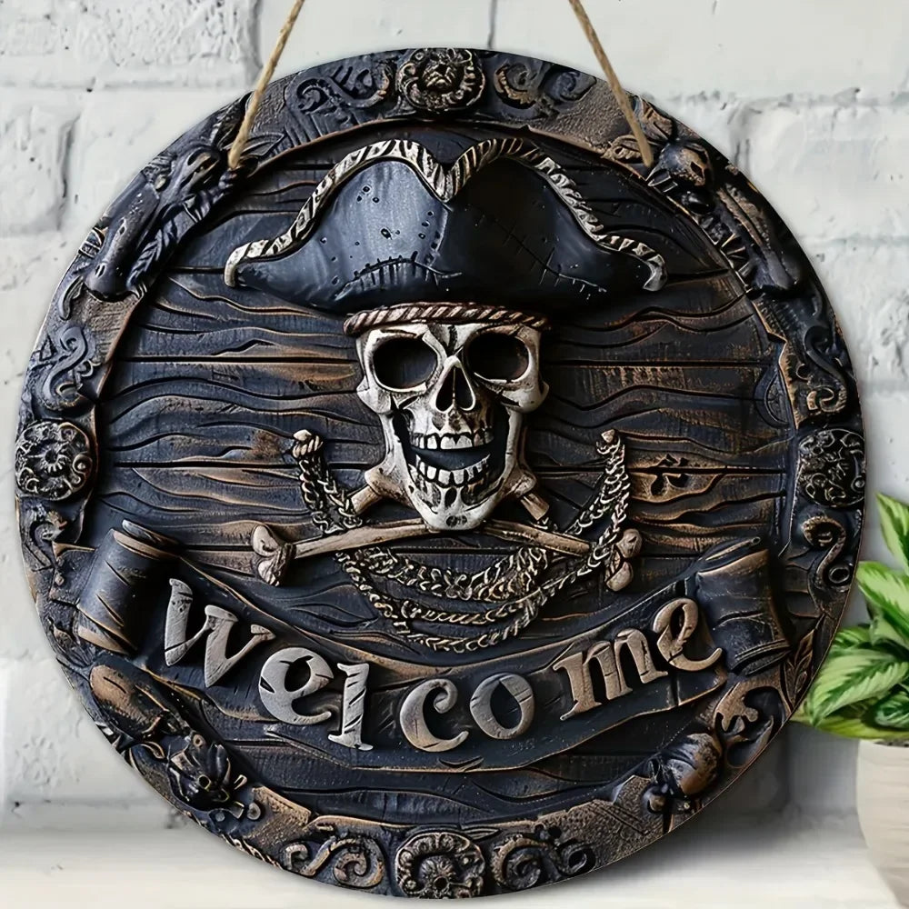 Decorative wall plaque with pirate skull design and 'Welcome' text on a white brick wall.