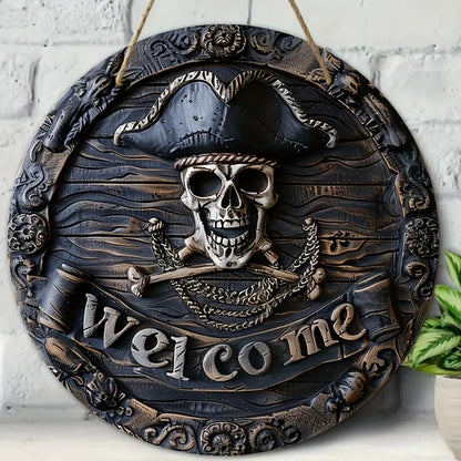 Decorative wall plaque with pirate skull design and 'Welcome' text on a white brick wall.