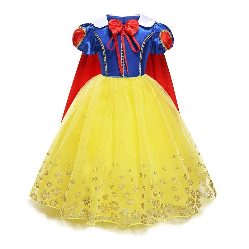 Children's dress inspired by Snow White costume with blue top, red cape, and yellow skirt on a white background