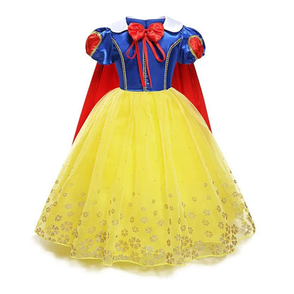 Children's dress inspired by Snow White costume with blue top, red cape, and yellow skirt on a white background